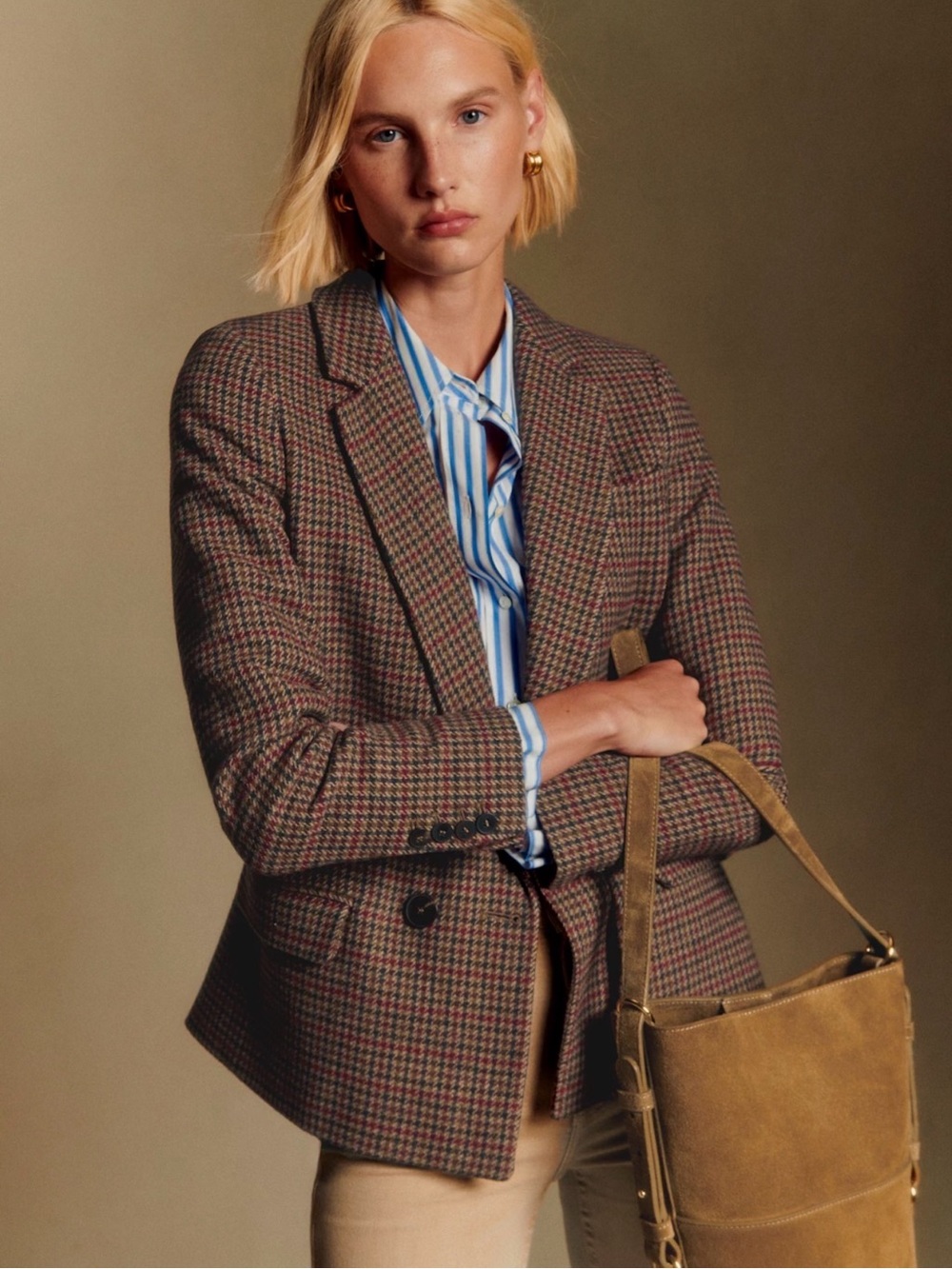 Sezane Christie Jacket in Brown Houndstooth - Size 34